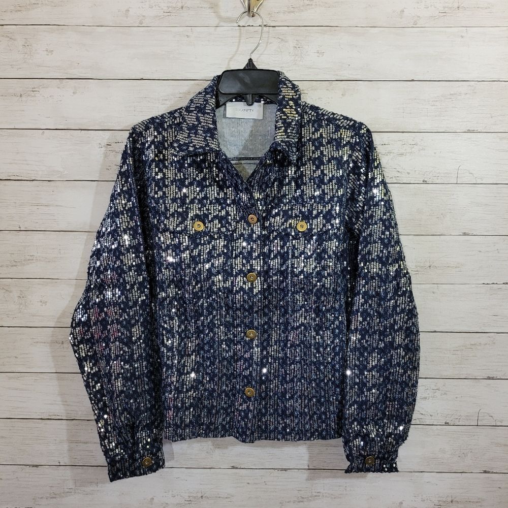 Boutique Denim Blue Jacket Silver Sequin Embellished Brass Button Raw Hem Sz XS - Picture 11 of 12